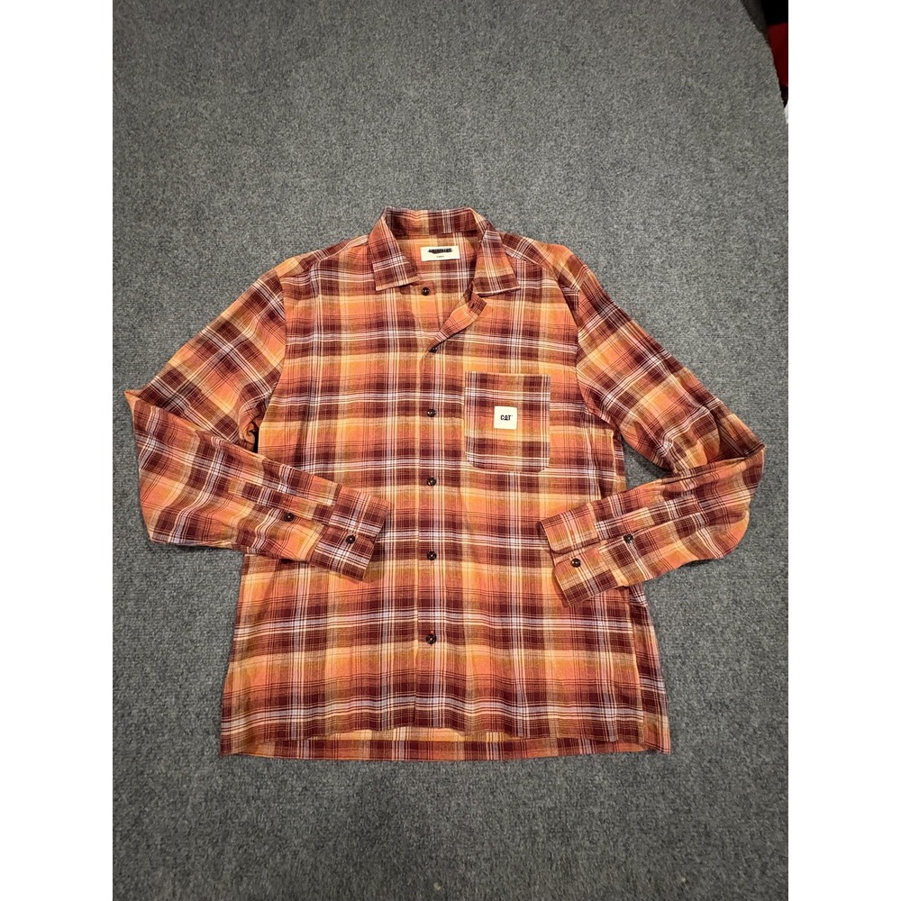 Caterpillar Shirt Mens XS Orange Brown Plaid Long Sleeve Made in Italy Workwear